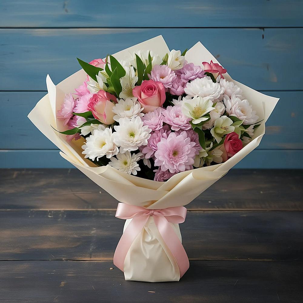 Букет цветов из: Хризантемы, Альстромерии и Розы в Таврово